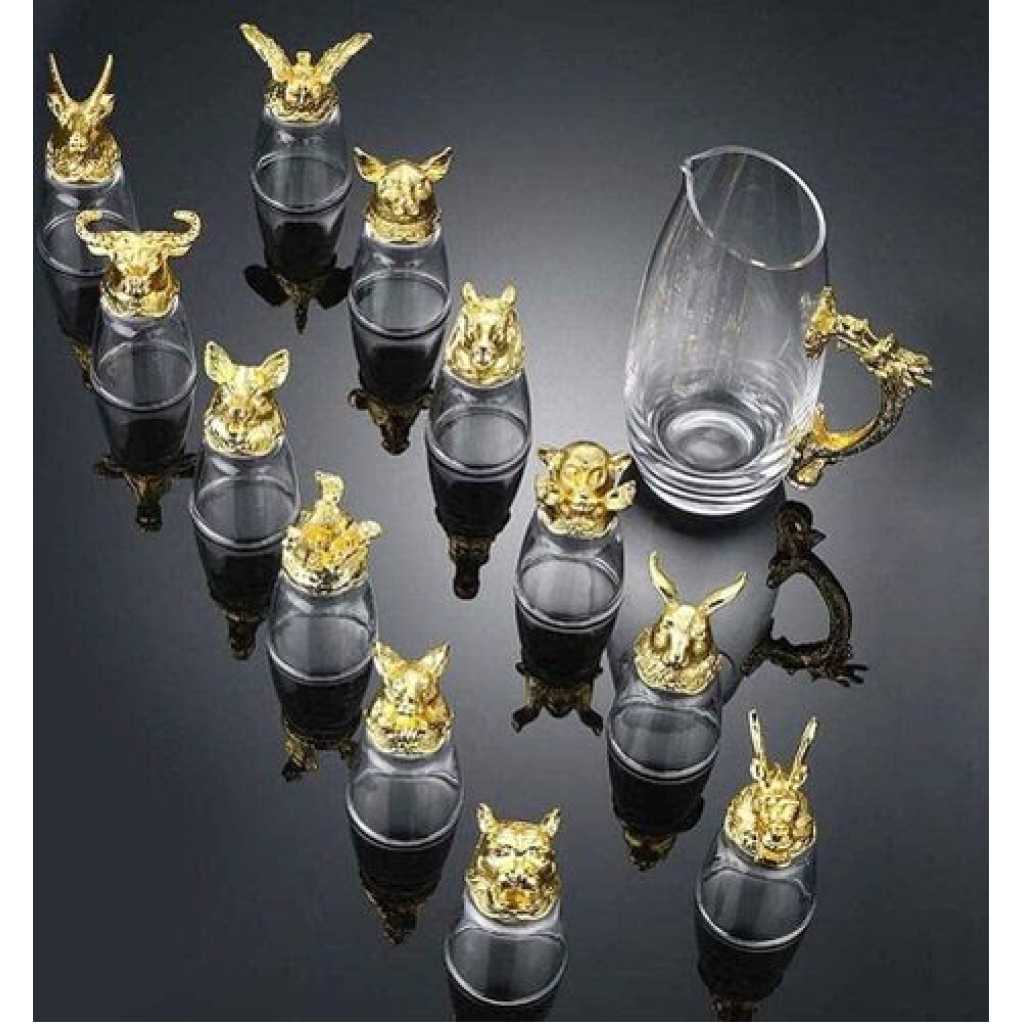 Wine Carafe Twelve Zodiac Signs Tumblers Glasses And 2 Whisky Decanters Gift Set Shot Glasses with Animal Head Creative Retro Sake Vodka Cups Dispenser Shot Glass Crystal Cups Decanter Packed In A PU Suitcase As A Perfect gift For Bar And Party- Gold