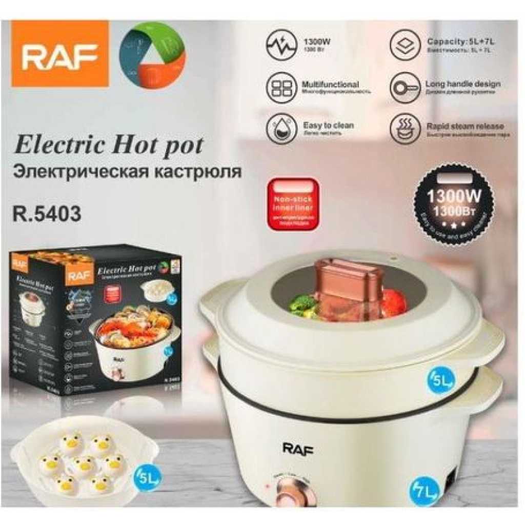 RAF 7 Plus 5 Litres Multipurpose Non-Stick Electric Hot Pot Stew Steamer Saucepan Frying Pan Cooker - Cream