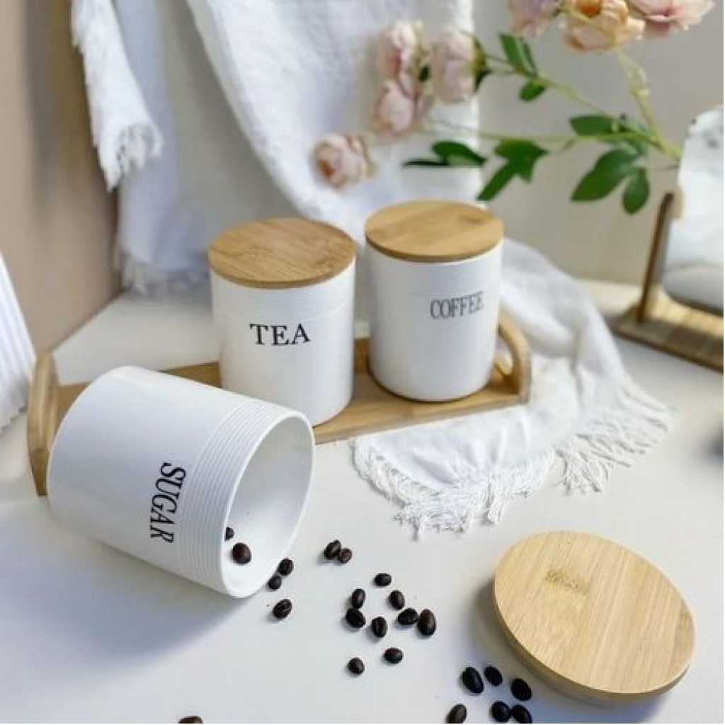 Set of 3 Storage Ceramic Sealed Jars For Sugar Tea And Coffee Moisture-Proof Large Caliber Container Home Decoration Canisters Set with Airtight Seal Bamboo Lid Food Bin- Multicolor