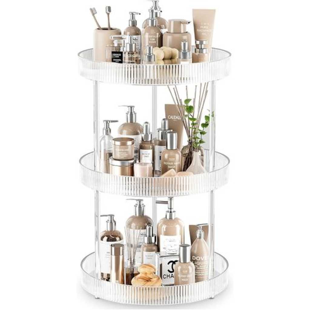 360° Rotating Storage Vanity Spinning Tray 3-tier Turntable Spice Rack Organizer Shelf Suitable For Kitchen Cabinet, Farmhouse Tiered Tray Decor, Fruit Snack - Makeup Cosmetics And Perfume Box Food Organizer, Bathroom Countertop Cabinet Table- Clear