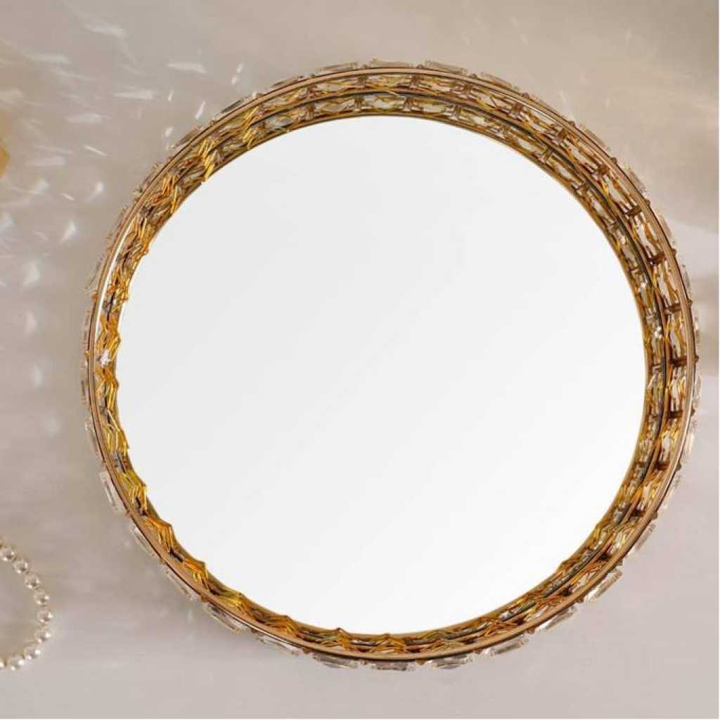 Decorative Crystal Mirror Tray Gold Round Mirrorred Plate for Candle Display, Vanity Organizer Tray Chic Modern Home Decor Accessories for Dresser Table
