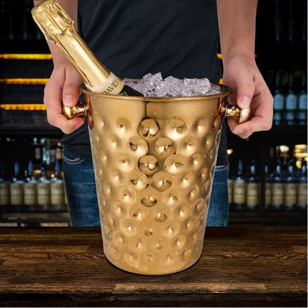 Fashionable And Creative Ice Bucket Stainless Steel Golden Hammered Mirror Pattern Ice Bucket Wine Champagne Ice Barrel For Party, Wedding, Banquet