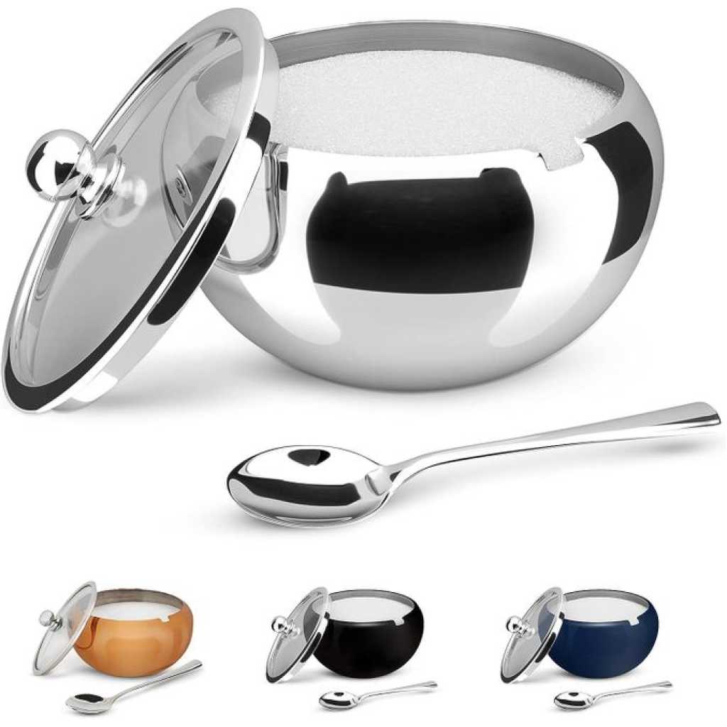 Stainless Steel Sugar Bowl with Lid And Spoon Serving Dish Clear Glass Lid Storage for Salt, Candy, Coffee Box Holds.