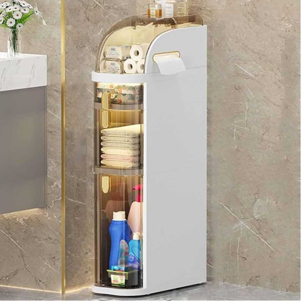 3 Tier Shower Floor Storage Cabinet 7in Narrow Corner Tall Slim Bathroom Storage Tower with Clear Drawers Cart And Casters Side Storage Organizer Cabinet For Tiny Kitchen Laundry Toilet Gap Living Room Children's Room Office Waterproof Side Organizer