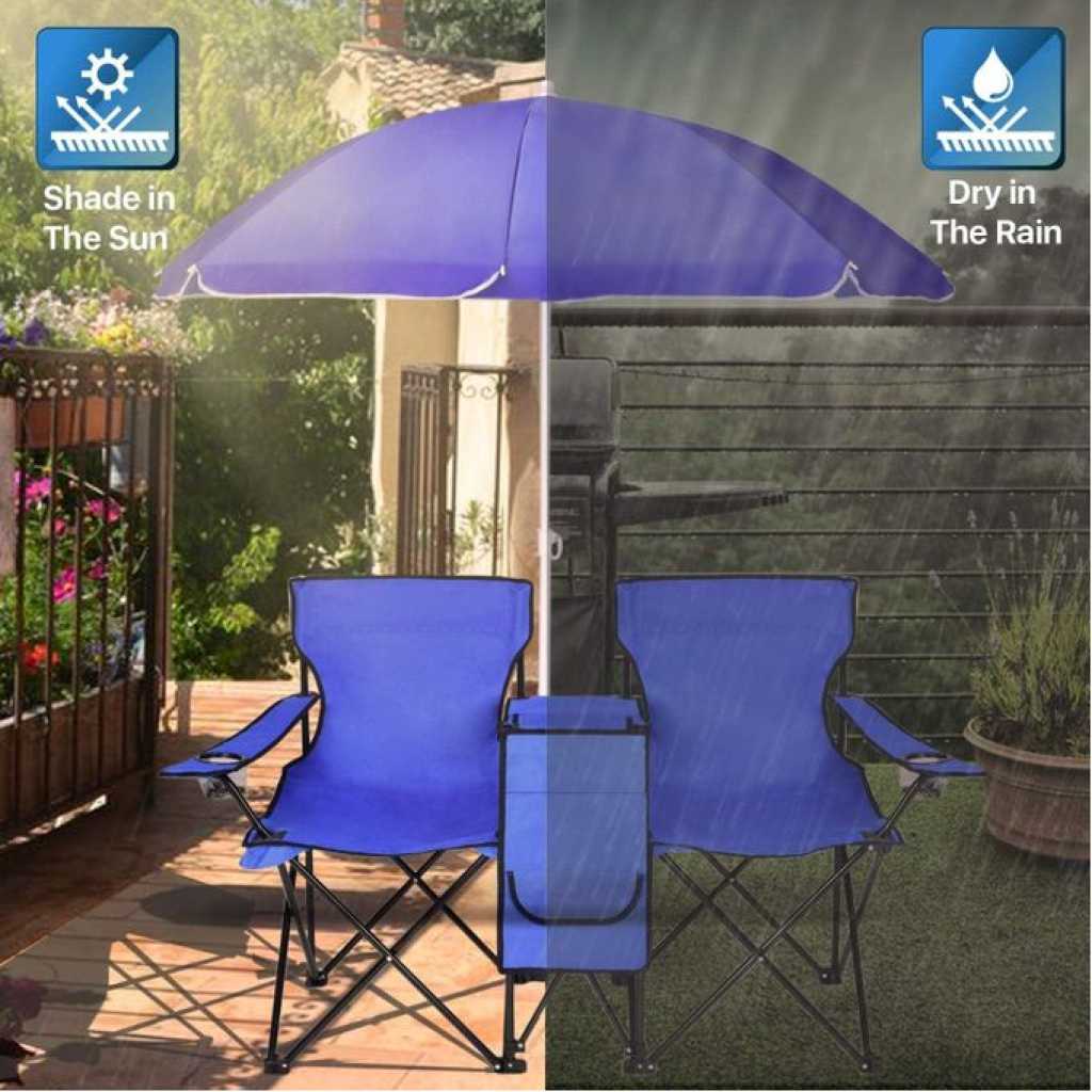 Double Folding Beach Chair with Umbrella Table Cooler and Bag, Portable Compact Folding Chair, 2 Person Camping Chair with Canopy for Adults and Kids, Outdoor Fold Up Chair, Blue