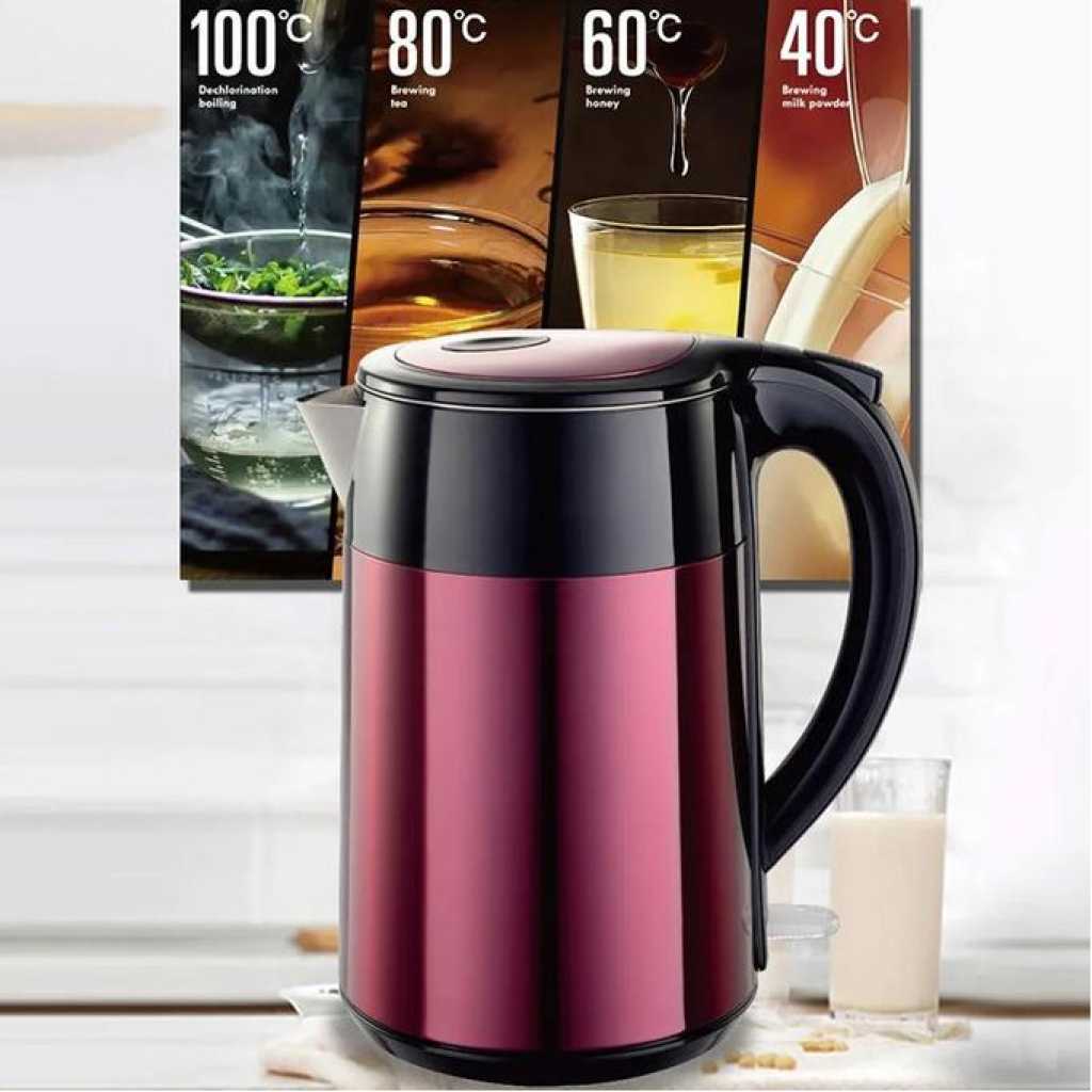 RAF 2L Electric Stainless Steel Cordless Kettle Double Layer Tea Kettle with Scaled Window Water Kettle And360 Degree Rotating Base- Maroon