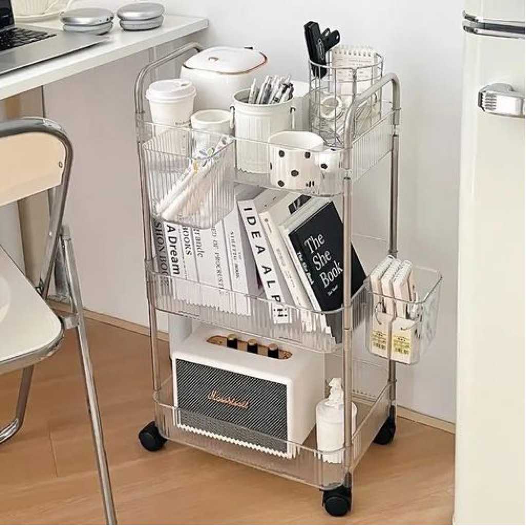 1pc Acrylic Clear 3 Tier Utility Cart, Rolling Cosmetics Laundry Organization Trolley Cart With Handle And Wheels, Multifunctional Storage Shelves Side Table For Kitchen Living Room Office