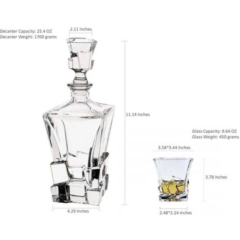 Premium Crystal Clear 7Pcs Bar Set, 1 Decanter Bottle(850ml) with 6 Whiskey Glasses(300ml), Perfect for Scotch, Bourbon, Wine, Vodka, Cocktail, Tequila, Rum Best Gift (Stone Base)