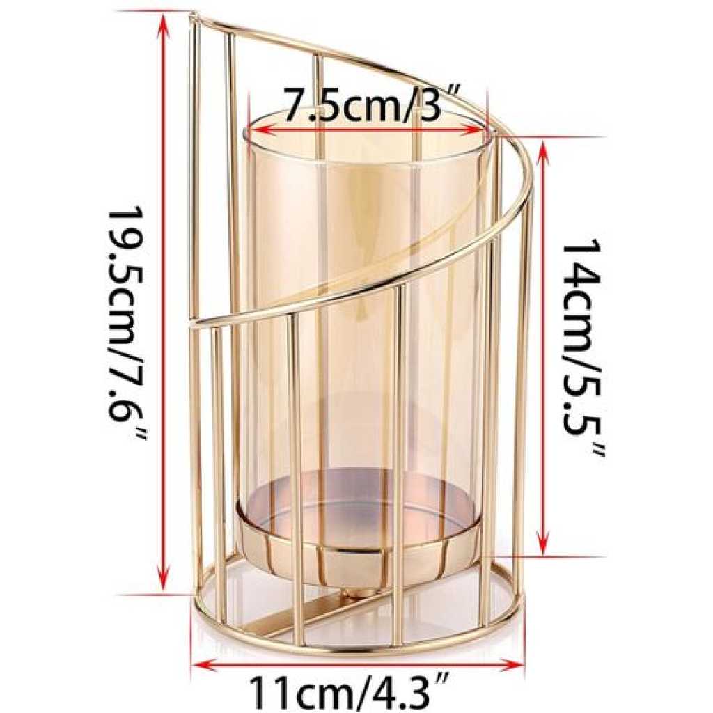 Geometric Pillar Candle Holder Decorative Candle Stand Metal Tea Light Hold Centerpiece (Spiral) with Removable Glass Cover, Golden Candlestick Flower Vase Votive Holder Centerpiece for Home Table Home Decor- Gold