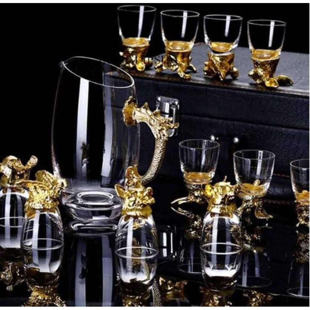 Wine Carafe Twelve Zodiac Signs Tumblers Glasses And 2 Whisky Decanters Gift Set Shot Glasses with Animal Head Creative Retro Sake Vodka Cups Dispenser Shot Glass Crystal Cups Decanter Packed In A PU Suitcase As A Perfect gift For Bar And Party- Gold