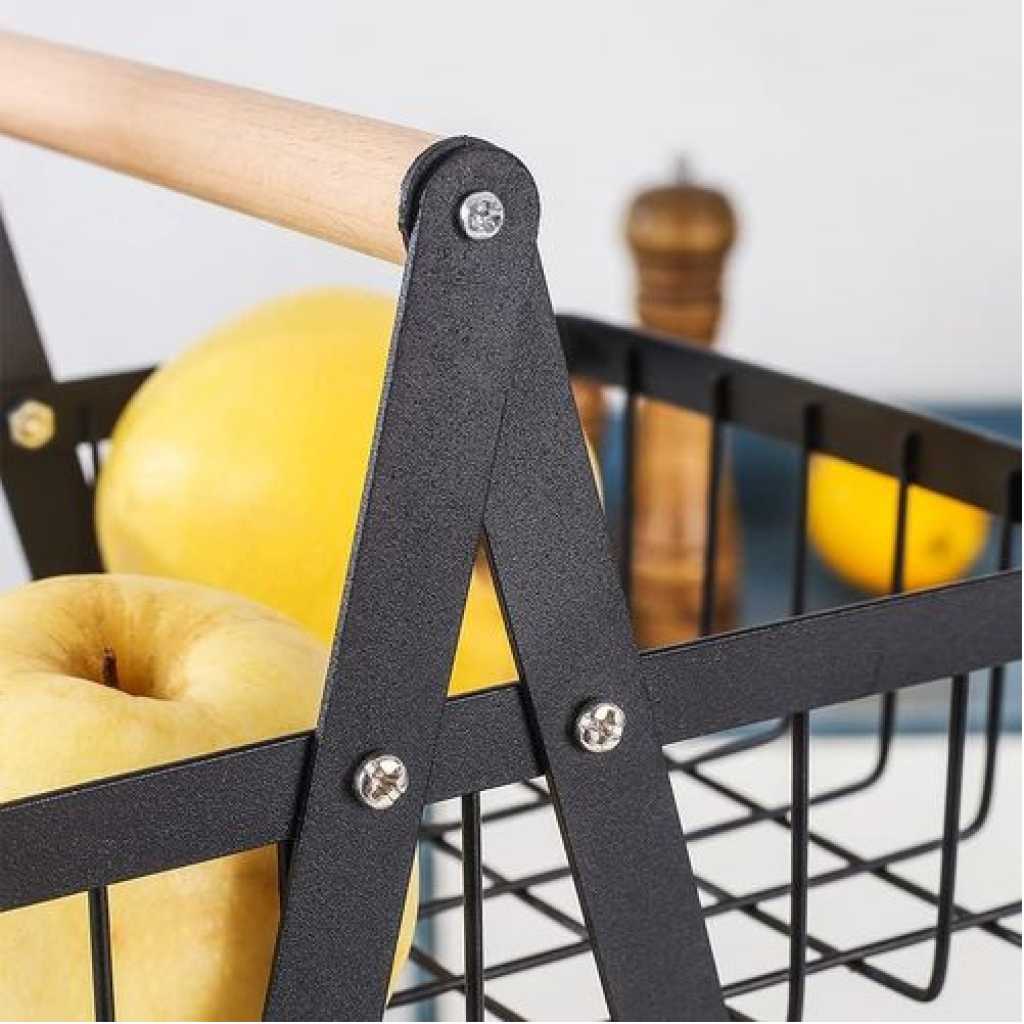 3 Tier Portable Fruit Basket Stand Vegetable Bread & Snacks Detachable Metal Rectangle Basket With Wooden Handle Modern for Kitchen Decoration- Black