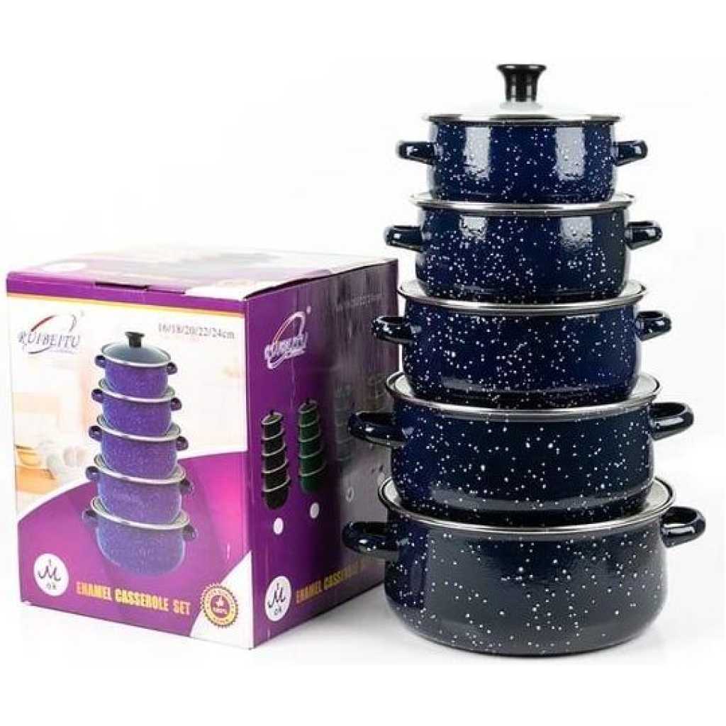 Set Of 5 Enamel Casserole Sartin Cookware Pots Serving Dishes With Lids Saucepans