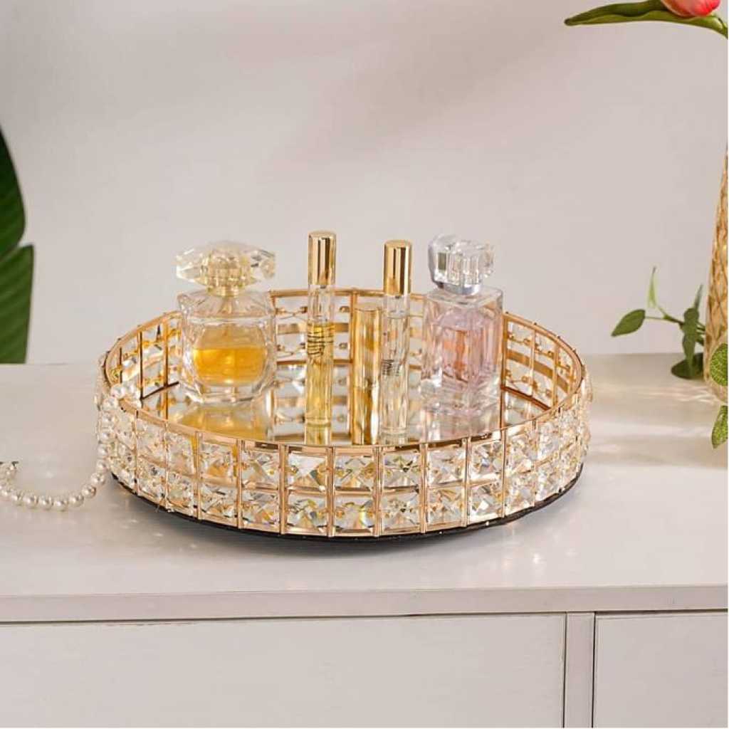 Decorative Crystal Mirror Tray Gold Round Mirrorred Plate for Candle Display, Vanity Organizer Tray Chic Modern Home Decor Accessories for Dresser Table