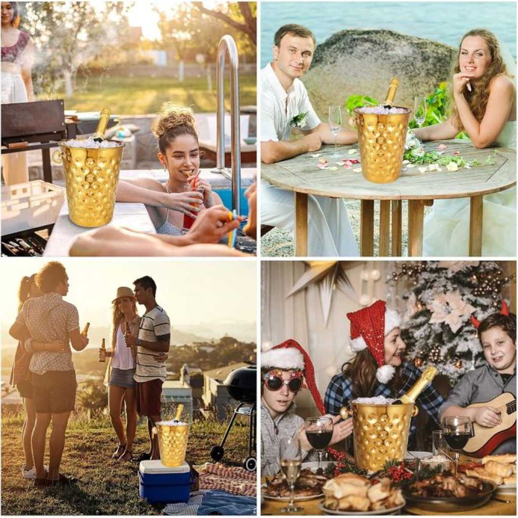 Fashionable And Creative Ice Bucket Stainless Steel Golden Hammered Mirror Pattern Ice Bucket Wine Champagne Ice Barrel For Party, Wedding, Banquet