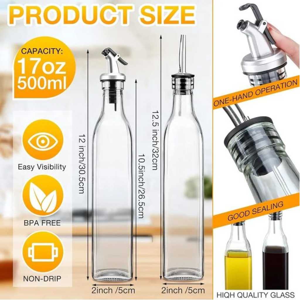 2 Pieces Of Glass Oil Dispenser Bottle 500 ml for Kitchen, Vinegar Olive Oil Dispenser Oil Bottle for Cooking, Clear Glass Oil Storage Bottle Transparent Pourers