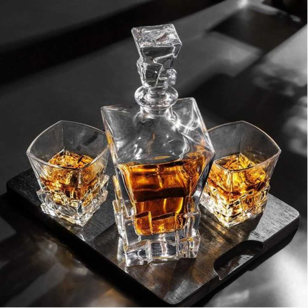 Premium Crystal Clear 7Pcs Bar Set, 1 Decanter Bottle(850ml) with 6 Whiskey Glasses(300ml), Perfect for Scotch, Bourbon, Wine, Vodka, Cocktail, Tequila, Rum Best Gift (Stone Base)
