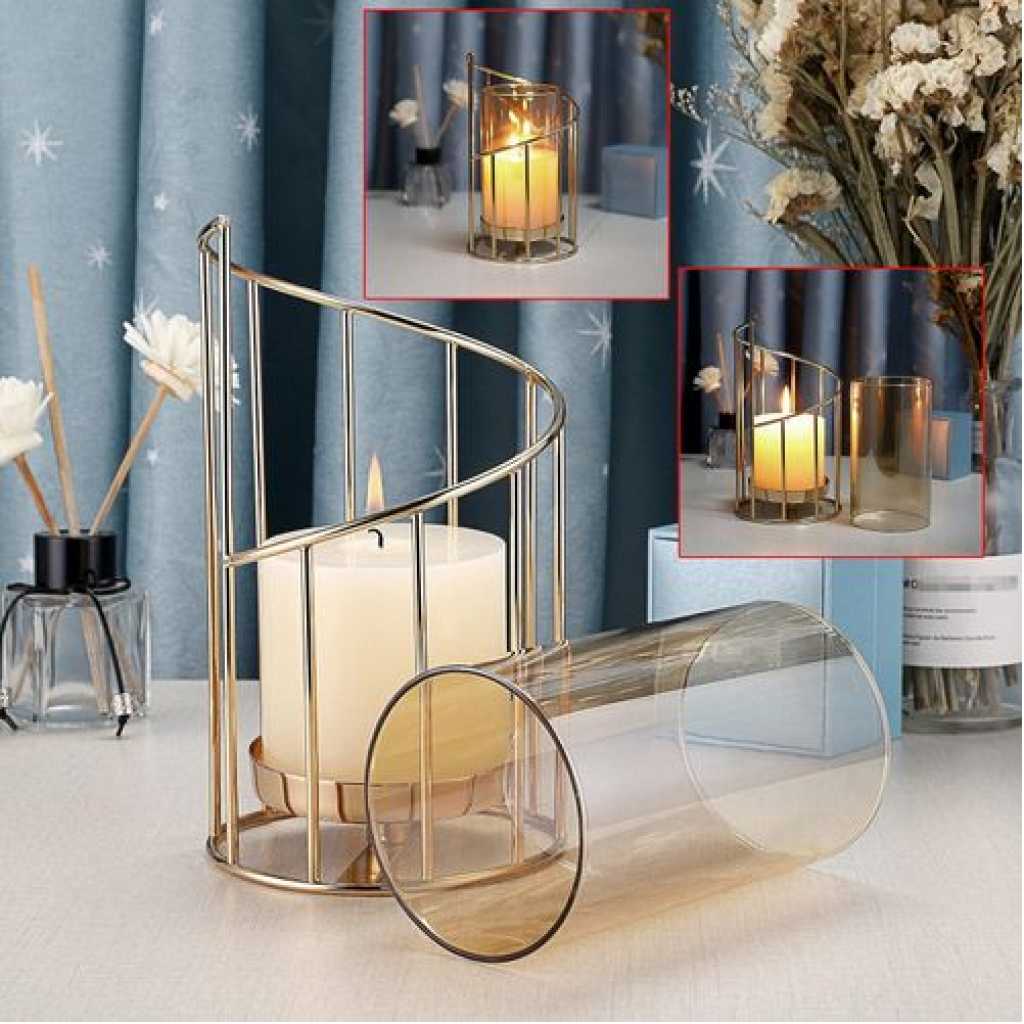 Geometric Pillar Candle Holder Decorative Candle Stand Metal Tea Light Hold Centerpiece (Spiral) with Removable Glass Cover, Golden Candlestick Flower Vase Votive Holder Centerpiece for Home Table Home Decor- Gold