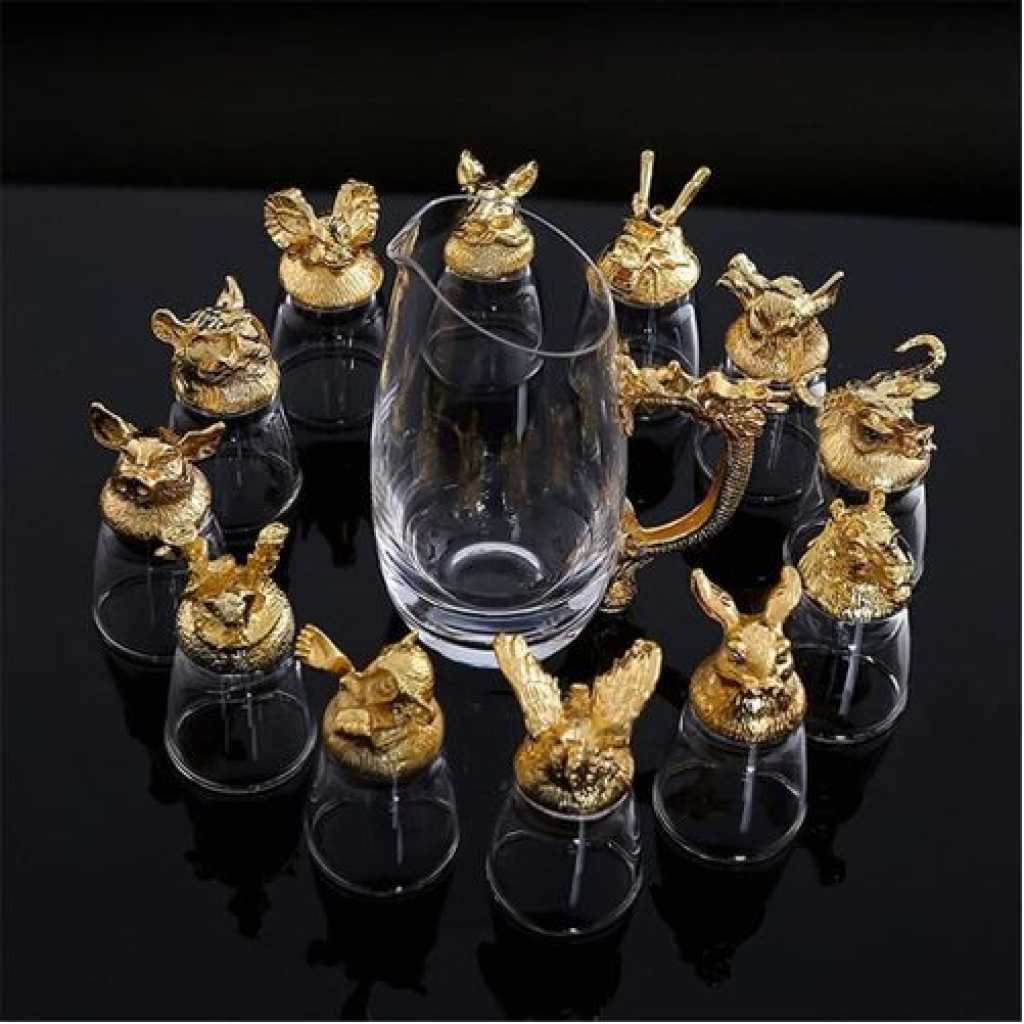 Wine Carafe Twelve Zodiac Signs Tumblers Glasses And 2 Whisky Decanters Gift Set Shot Glasses with Animal Head Creative Retro Sake Vodka Cups Dispenser Shot Glass Crystal Cups Decanter Packed In A PU Suitcase As A Perfect gift For Bar And Party- Gold