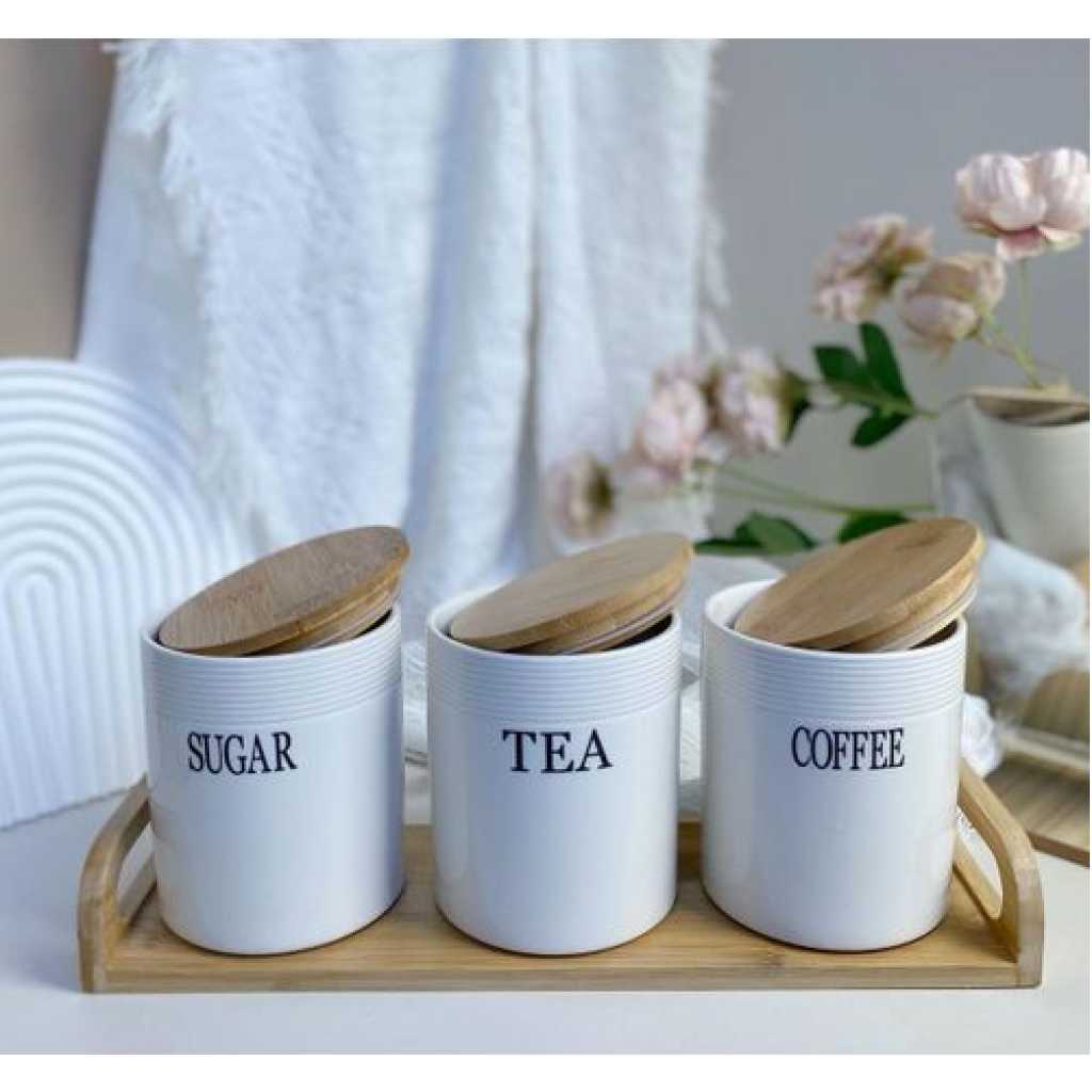 Set of 3 Storage Ceramic Sealed Jars For Sugar Tea And Coffee Moisture-Proof Large Caliber Container Home Decoration Canisters Set with Airtight Seal Bamboo Lid Food Bin- Multicolor