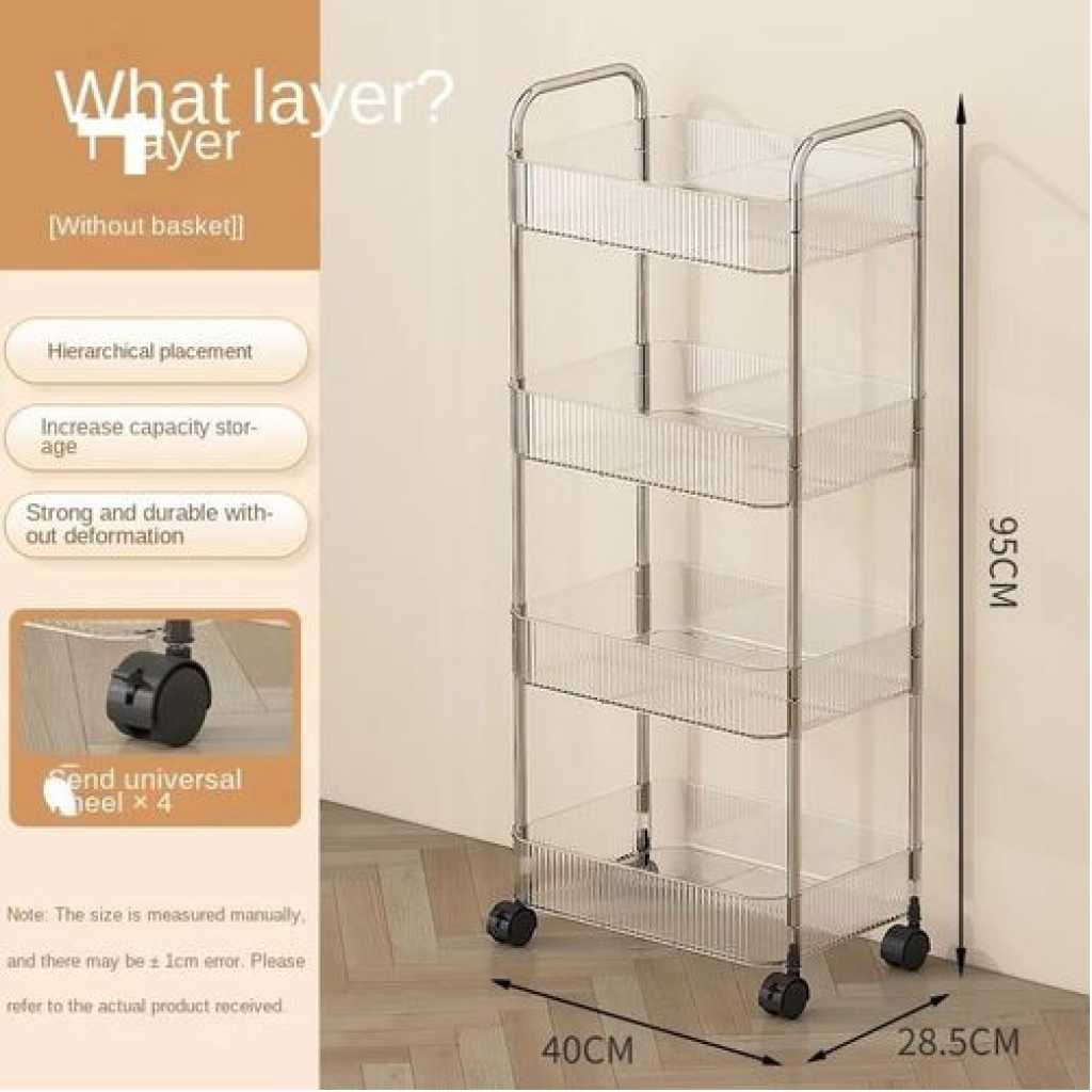 1pc Rectangle Acrylic Clear 4 Tier Utility Cart, Rolling Cosmetics Laundry Organization Trolley Snack Cart With Handle And Wheels, Multifunctional Storage Shelves Side Table For Kitchen Living Room Office- Clear