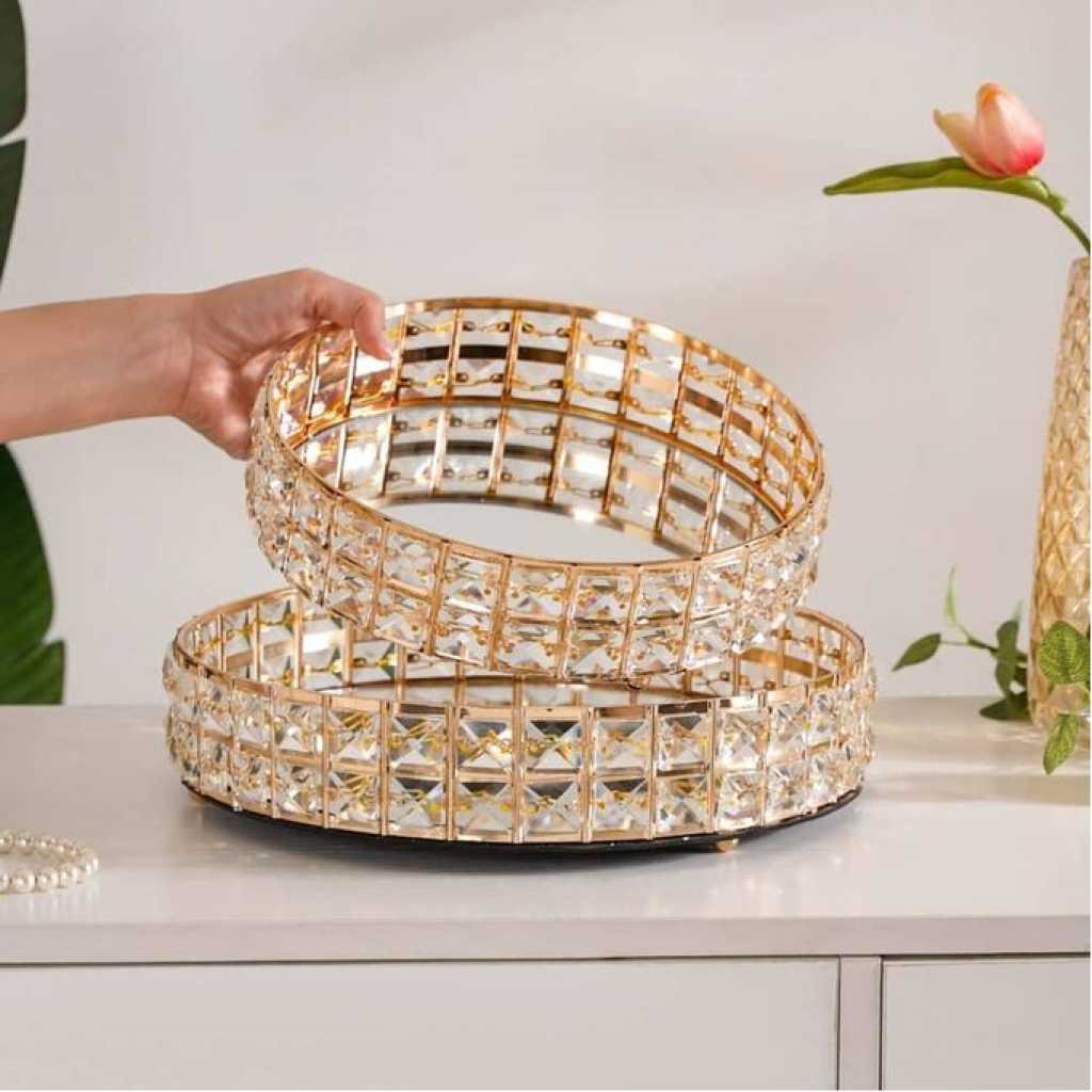 Decorative Crystal Mirror Tray Gold Round Mirrorred Plate for Candle Display, Vanity Organizer Tray Chic Modern Home Decor Accessories for Dresser Table