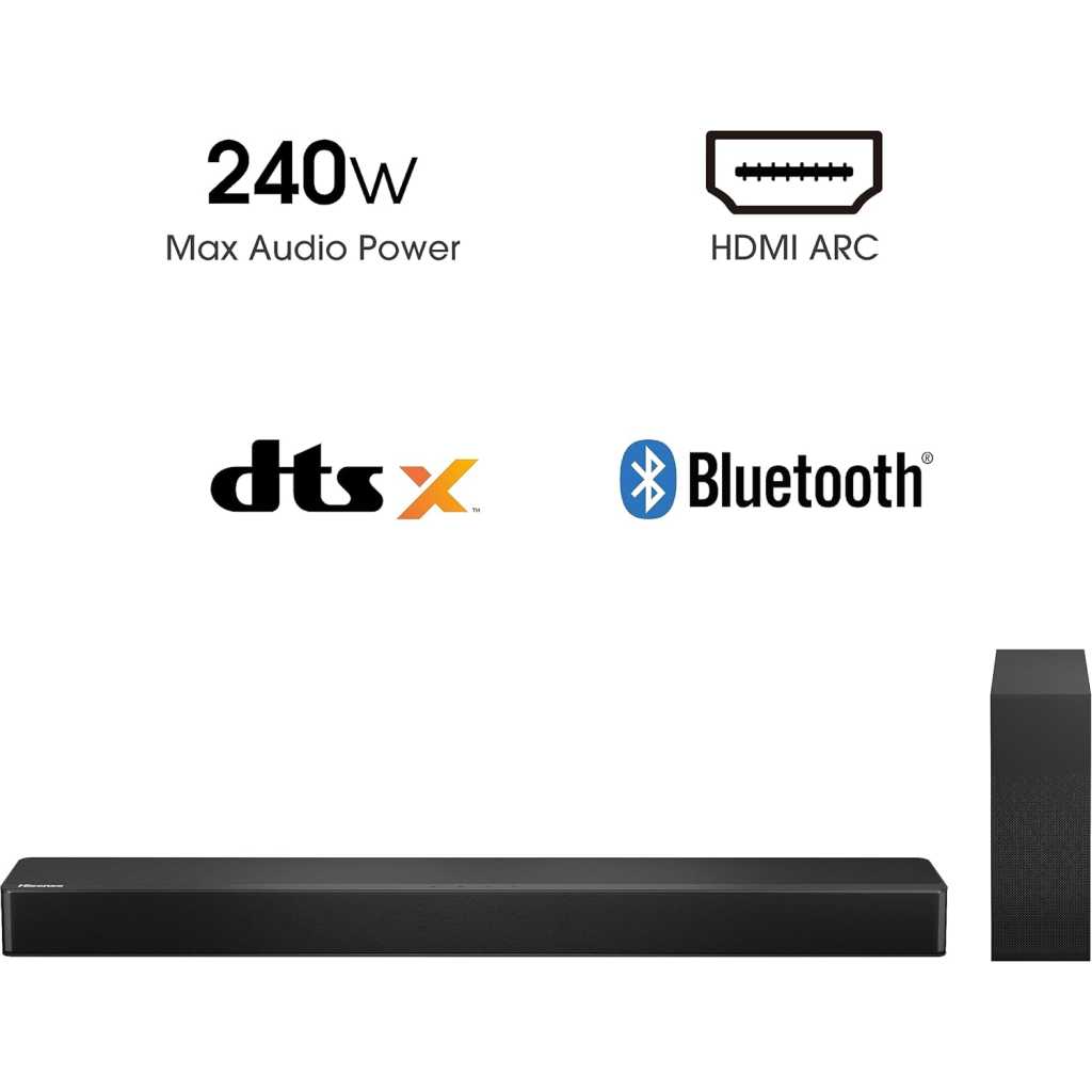 Hisense 2.1 CH 240W Soundbar HS2100 - DTS Virtual X, Subwoofer, HDMI ARC, Bluetooth Home Theatre System (2023 Model) , Black