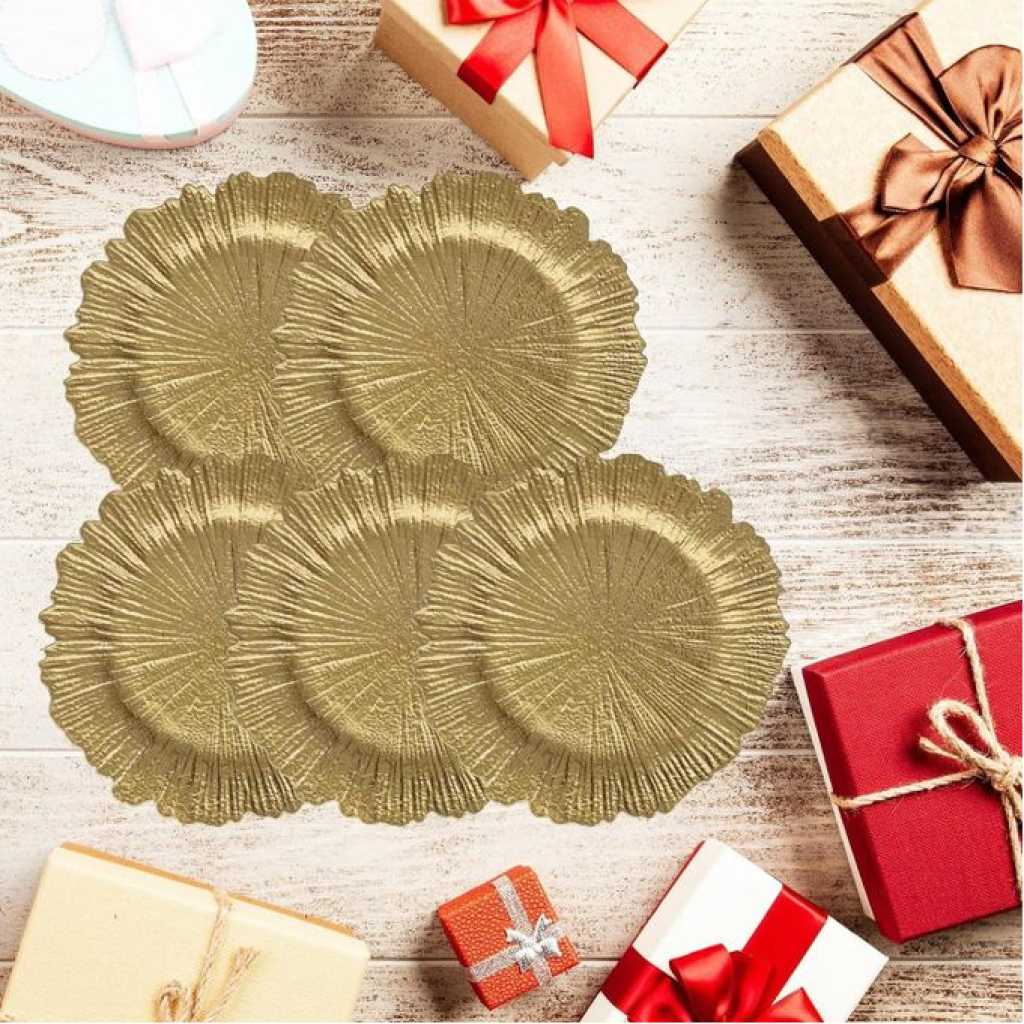 12 Pieces Of Reef Gold Charger Plates, Set of 6 Decorative Chargers for Dinner Plates Bulk for Wedding, Party, Holiday, Thanksgiving, Christmas Table Setting Gold