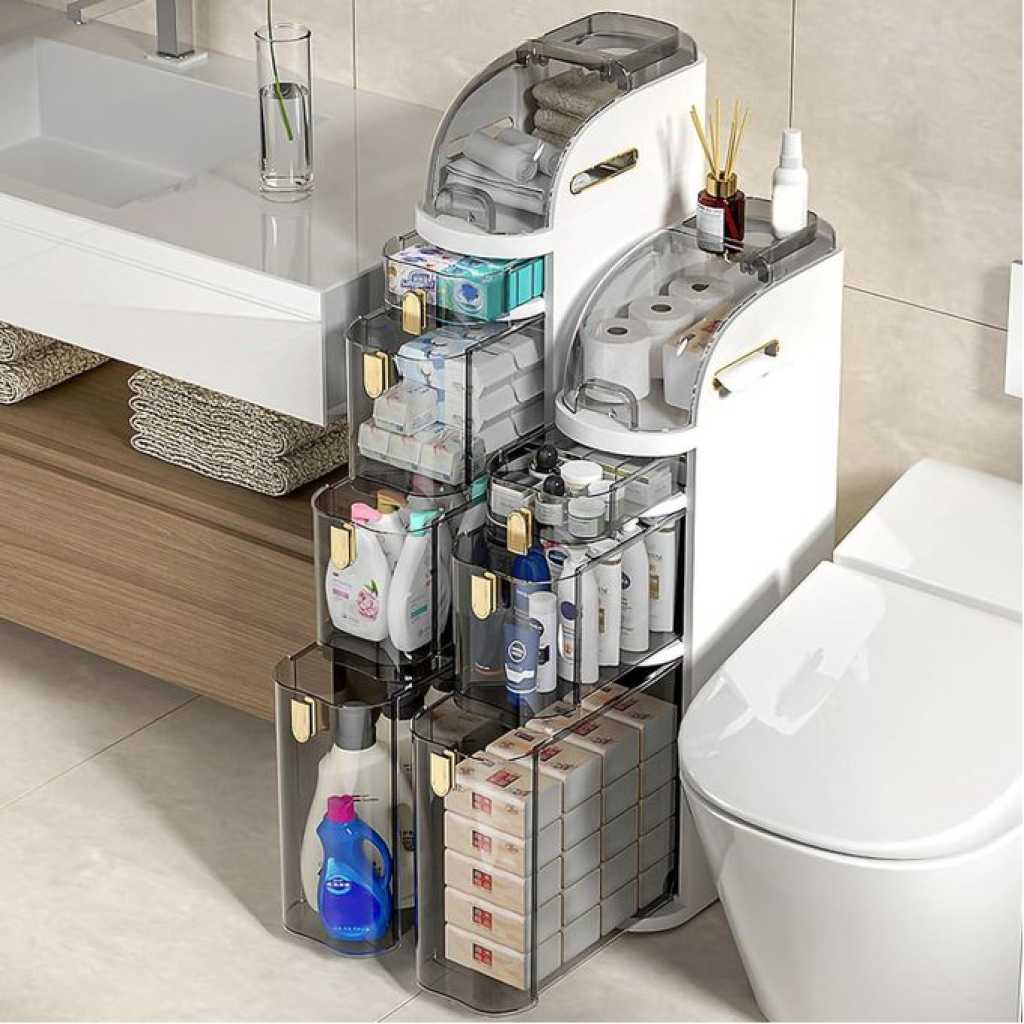 3 Tier Shower Floor Storage Cabinet 7in Narrow Corner Tall Slim Bathroom Storage Tower with Clear Drawers Cart And Casters Side Storage Organizer Cabinet For Tiny Kitchen Laundry Toilet Gap Living Room Children's Room Office Waterproof Side Organizer