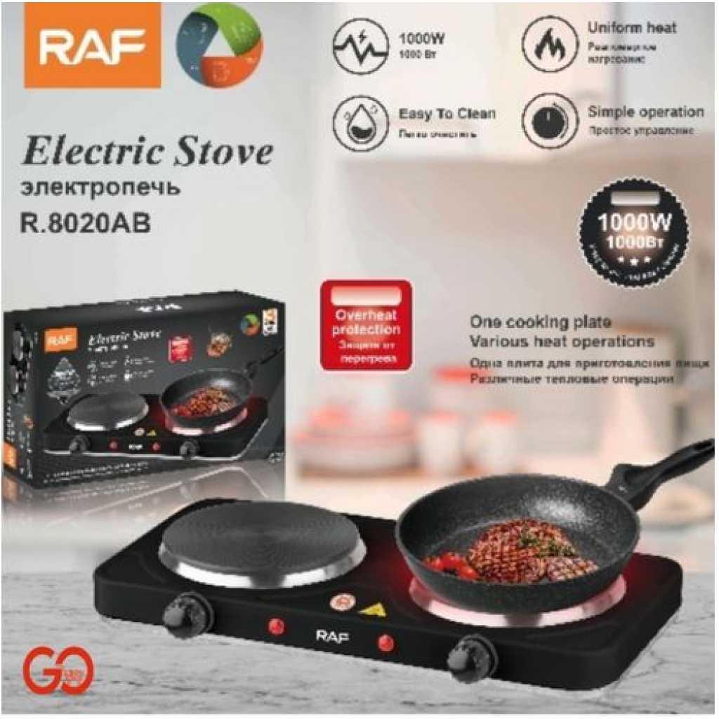 RAF Electric Ceramic Stove 1000+1000 Watts cooking hot plate with temperature control overheat protection electric cooker 2000 watts- Black