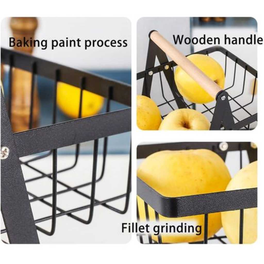 3 Tier Portable Fruit Basket Stand Vegetable Bread & Snacks Detachable Metal Rectangle Basket With Wooden Handle Modern for Kitchen Decoration- Black