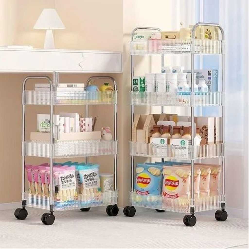 1pc Rectangle Acrylic Clear 4 Tier Utility Cart, Rolling Cosmetics Laundry Organization Trolley Snack Cart With Handle And Wheels, Multifunctional Storage Shelves Side Table For Kitchen Living Room Office- Clear