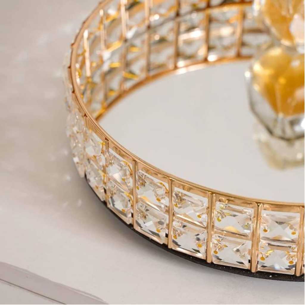 Decorative Crystal Mirror Tray Gold Round Mirrorred Plate for Candle Display, Vanity Organizer Tray Chic Modern Home Decor Accessories for Dresser Table