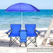 Double Folding Beach Chair with Umbrella Table Cooler and Bag, Portable Compact Folding Chair, 2 Person Camping Chair with Canopy for Adults and Kids, Outdoor Fold Up Chair, Blue