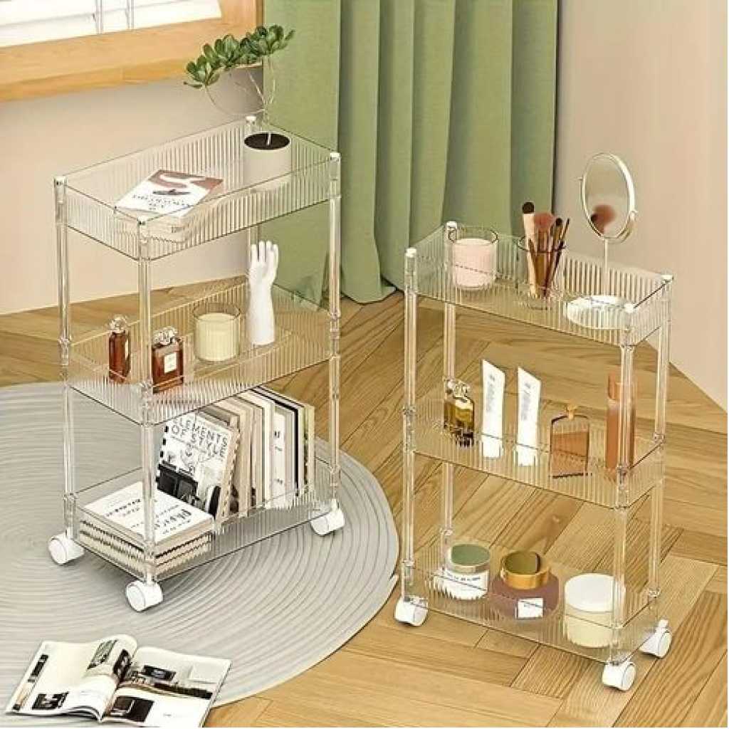 1pc Acrylic Clear 3 Tier Utility Cart, Rolling Cosmetics Laundry Organization Trolley Cart With Handle And Wheels, Multifunctional Storage Shelves Side Table For Kitchen Living Room Office