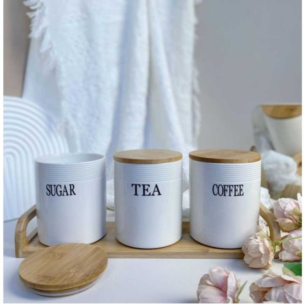 Set of 3 Storage Ceramic Sealed Jars For Sugar Tea And Coffee Moisture-Proof Large Caliber Container Home Decoration Canisters Set with Airtight Seal Bamboo Lid Food Bin- Multicolor