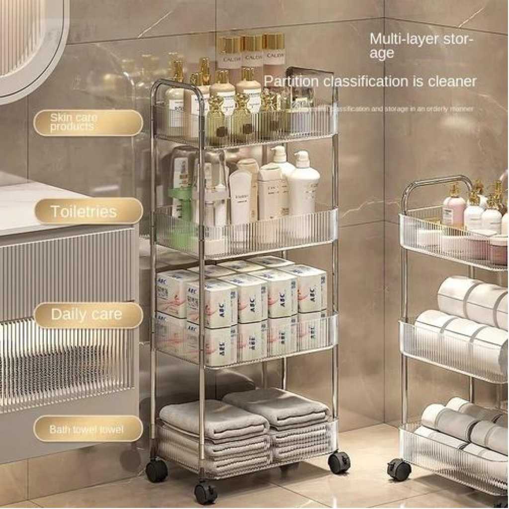 1pc Rectangle Acrylic Clear 4 Tier Utility Cart, Rolling Cosmetics Laundry Organization Trolley Snack Cart With Handle And Wheels, Multifunctional Storage Shelves Side Table For Kitchen Living Room Office- Clear