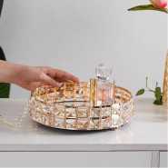 Decorative Crystal Mirror Tray Gold Round Mirrorred Plate for Candle Display, Vanity Organizer Tray Chic Modern Home Decor Accessories for Dresser Table