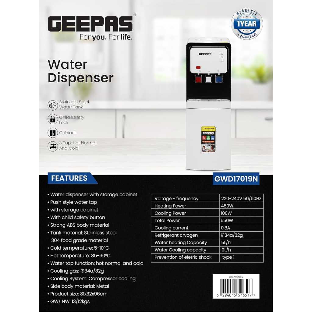 Geepas 3-Taps Top Load Water Dispenser with Bottom Cabinet GWD17019