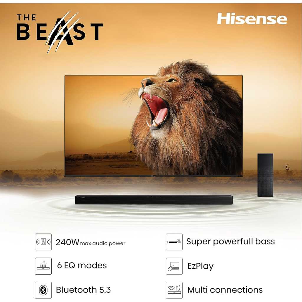 Hisense 2.1 CH 240W Soundbar HS2100 - DTS Virtual X, Subwoofer, HDMI ARC, Bluetooth Home Theatre System (2023 Model) , Black