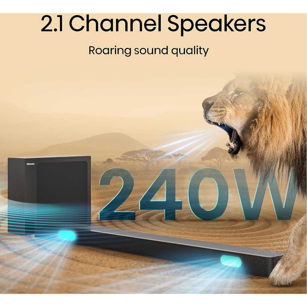 Hisense 2.1 CH 240W Soundbar HS2100 - DTS Virtual X, Subwoofer, HDMI ARC, Bluetooth Home Theatre System (2023 Model) , Black