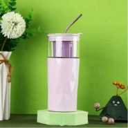 Multipurpose Cup With Glass Liner, Stainless Steel & Convenient Coffee Cup, Tea & Water Separating Straw Sleek Glass Cup