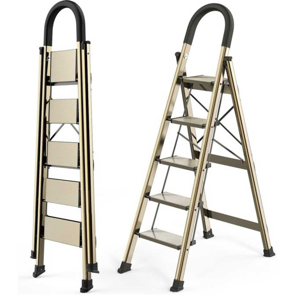 5 Step Ladder, Folding Step Stool with Anti-Slip Wide Sturdy Pedal with Convenient Handgrip, Portable Lightweight Aluminum Stepladder for Home, Office, Library Indoor 5ft Stepladders With Rubber-cotton Armrests