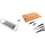 6Pc Kitchen Knife Set With Wooden Chopping Board + A Grater- Silver, Black