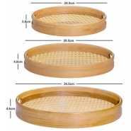 Bamboo Wooden Round Serving Tray Set of 3pcs- Cream