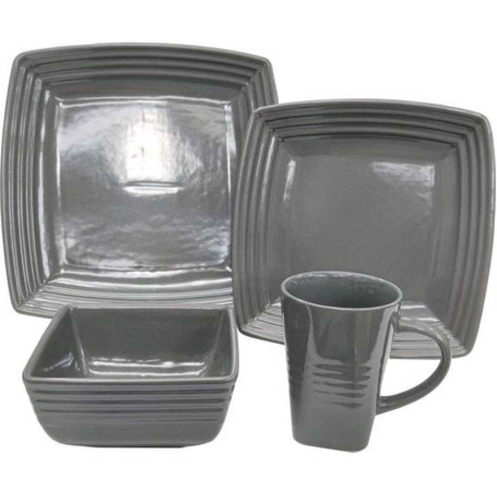 16-Piece Ceramic Squre Stoneware Dinner Plates Set Dessert Sideplates Cups Bowls Dinnerware Set- Grey