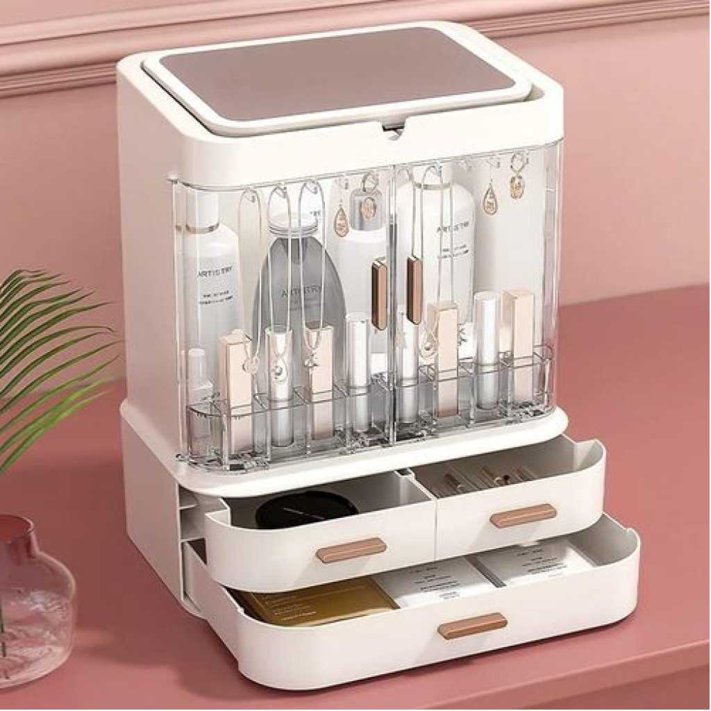 Dust-Proof Drawer Makeup Skincare Organizer Plastic Cosmetics Storage Cases With 3 Drawer Adjustable LED Mirror Makeup Organizer For Countertop Cosmetic Storage Box- Multicolor