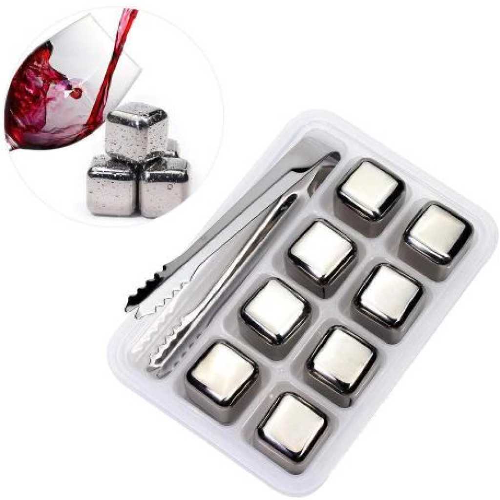 Stainless Steel Ice Cubes Chilling Cube Whiskey Stones Durable Reusable Chilling Stones for Whiskey Wine, Whiskey Stones for Kitchen Bar(Pack of 8) With A Tong- Silver