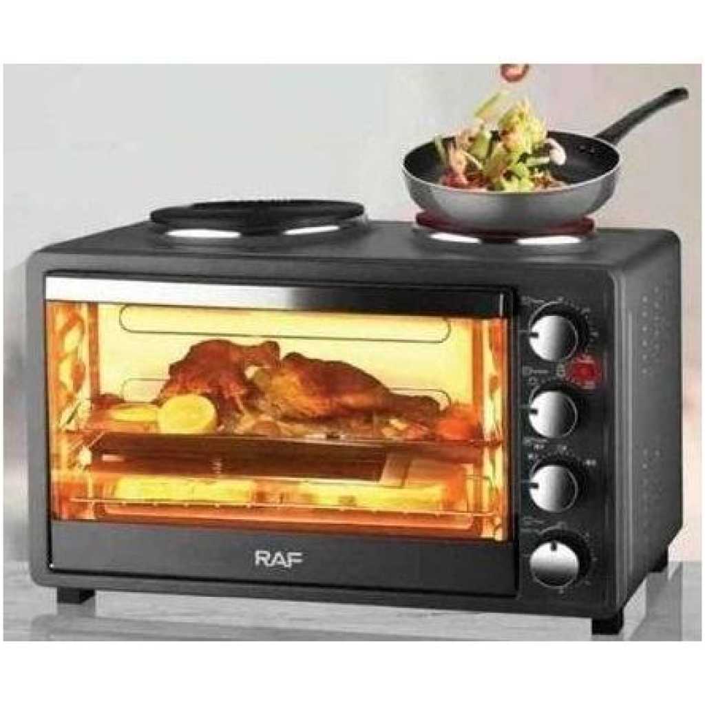 RAF 40 Litres Toaster Baking Electric Oven Grill With 2 Hot Plates With Heat Evenly Visual Glass Door Time Temperature Control Rotary Button- Black