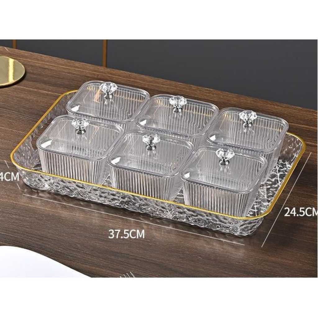 1 Serving Tray 6 Bowls with Lid Fruit Plate Serving Dishes 6 Removable Serving Bowl Appetizer Condiment Server for Dessert Snacks Chips Kitchen Relish Tray Platters - Clear