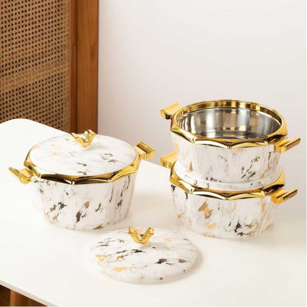 Luxury 3-Piece 2.1/2.6/3.1qt Hot Pot Food Warmer/Cooler, Casserole Dish Set with Lids, Insulated Stainless Steel Container, Serving Bowl for Buffets Best gift-Marbling- Multicolor